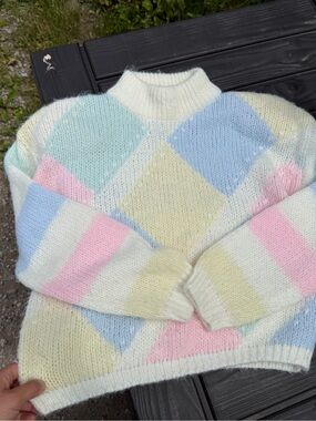 VTG 80s T.Q. Pastel Argyle Knit Mock Neck Sweater. Chunky Soft Acrylic. Womens M